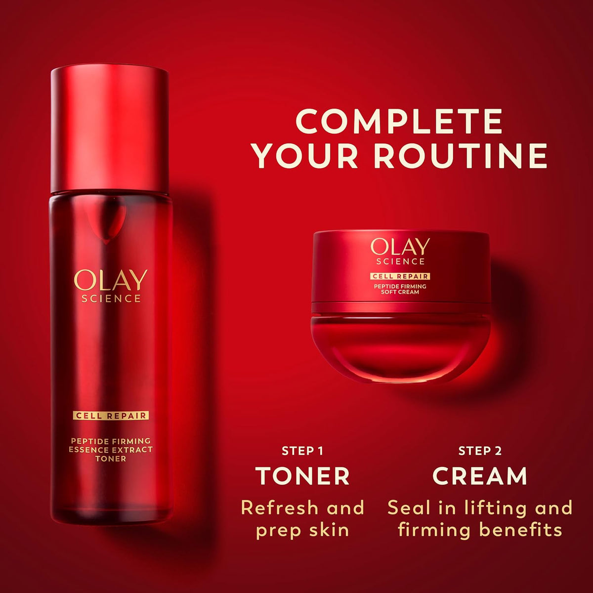 Olay skincare products on a red background with step-by-step instructions.