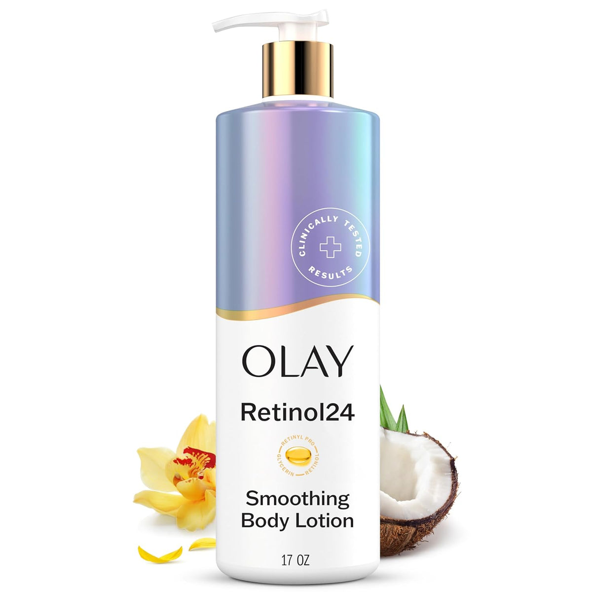Olay Repair serum body wash products on a white background with promotional text