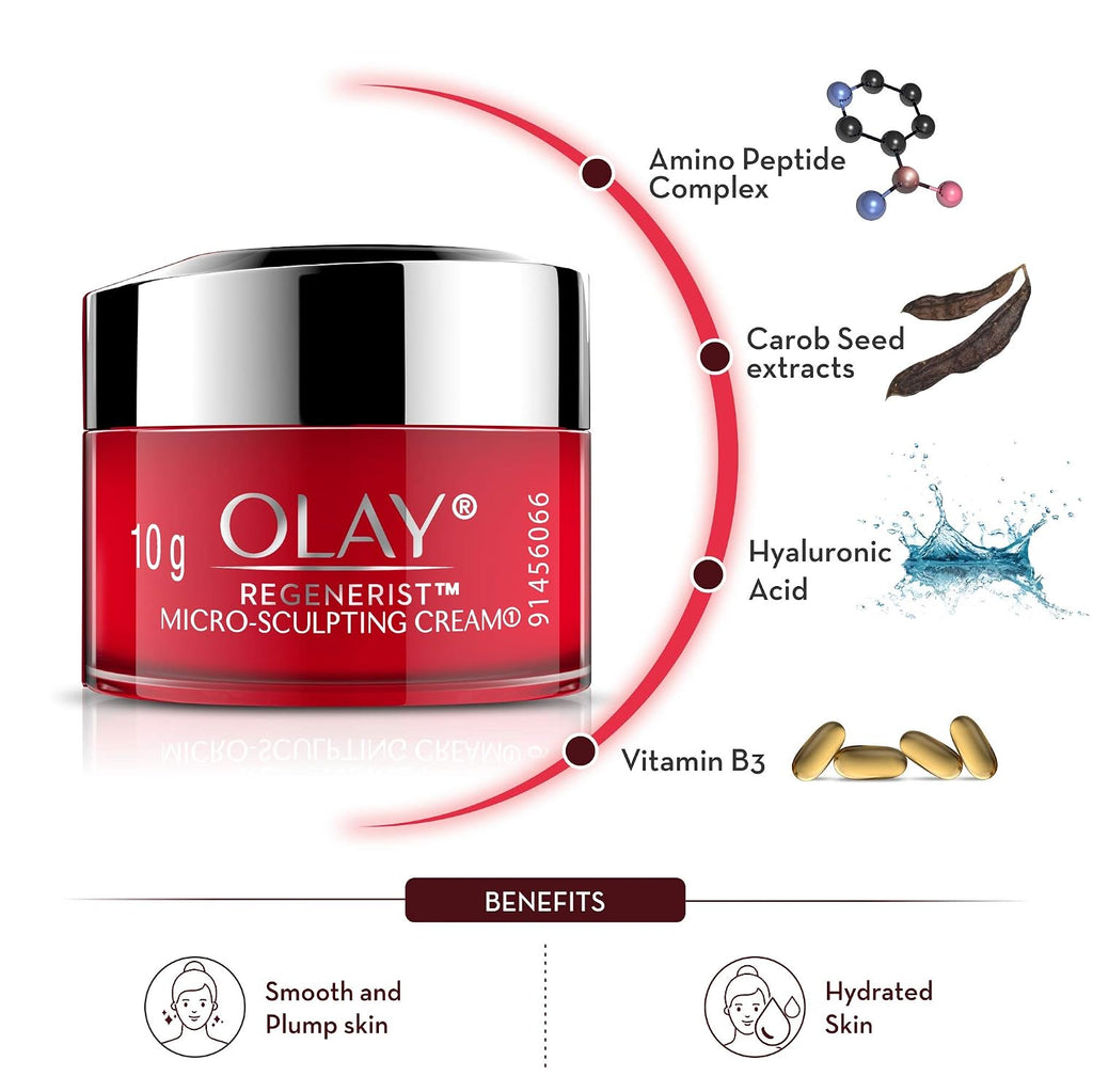 Red Olay Regenerist cream jar with ingredients and benefits on a white background