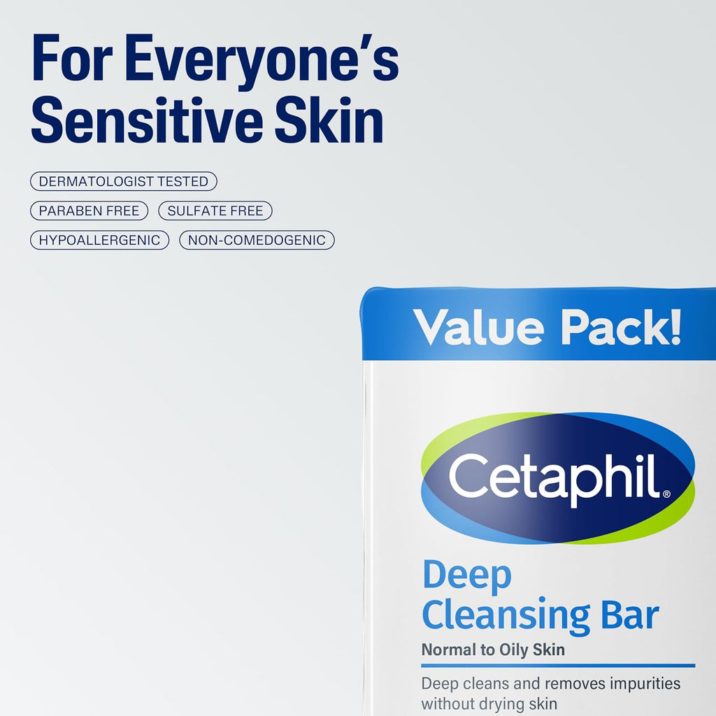 Cetaphil Deep Cleansing Bar packaging for sensitive skin on a light gray background