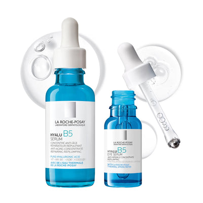 La Roche-Posay Hyalu B5 serum bottles with droppers on a white background