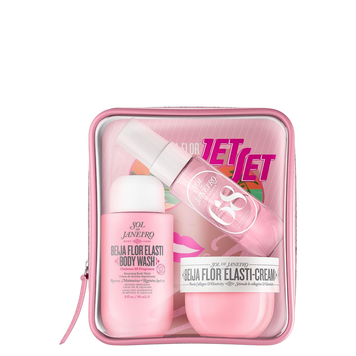 Pink travel set with body wash and cream in a clear case on a white background