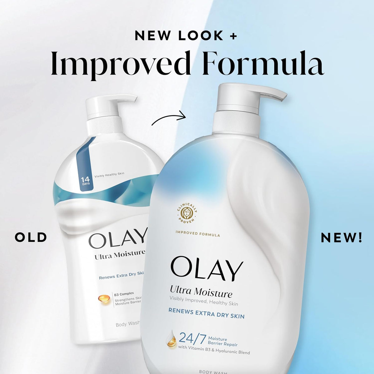 Olay Ultra Moisture body wash shown in a before-and-after style comparison with the text 'NEW LOOK + Improved Formula'. The foreground bottle is labeled 'NEW!' and is larger, while the background bottle is labeled 'OLD' and smaller.