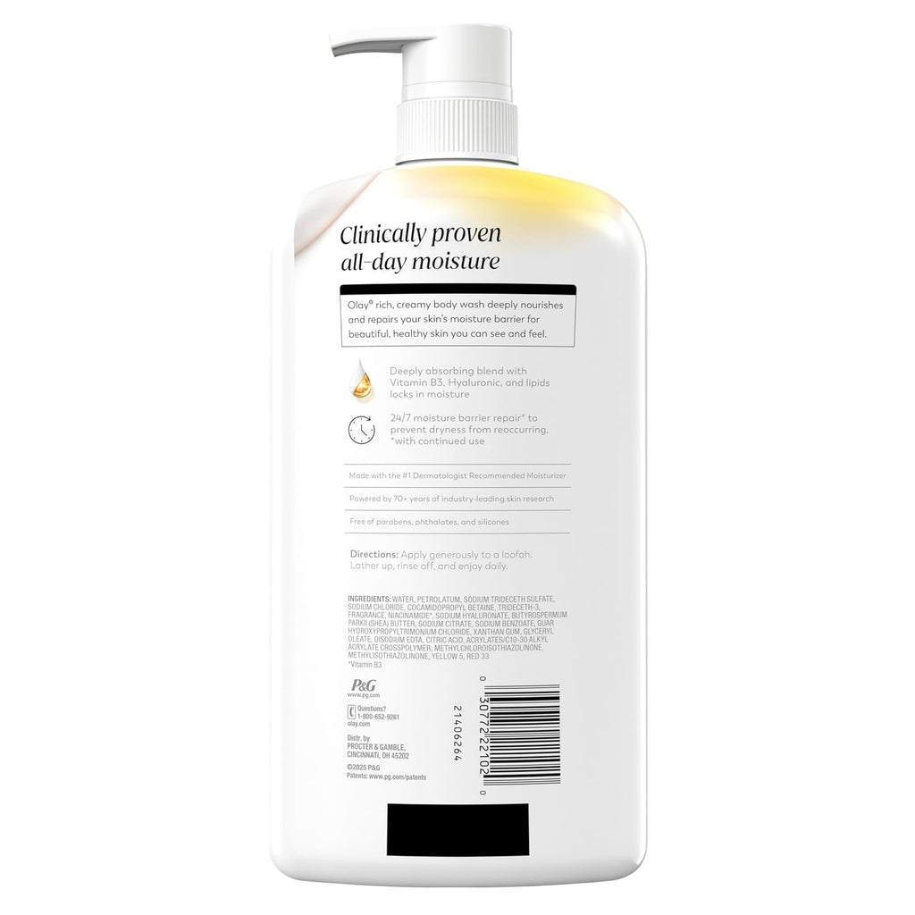 Back view of a large white pump bottle of PG & MG Clinically Proven All Day Moisture body cream, showing the text and barcode label on a white background.