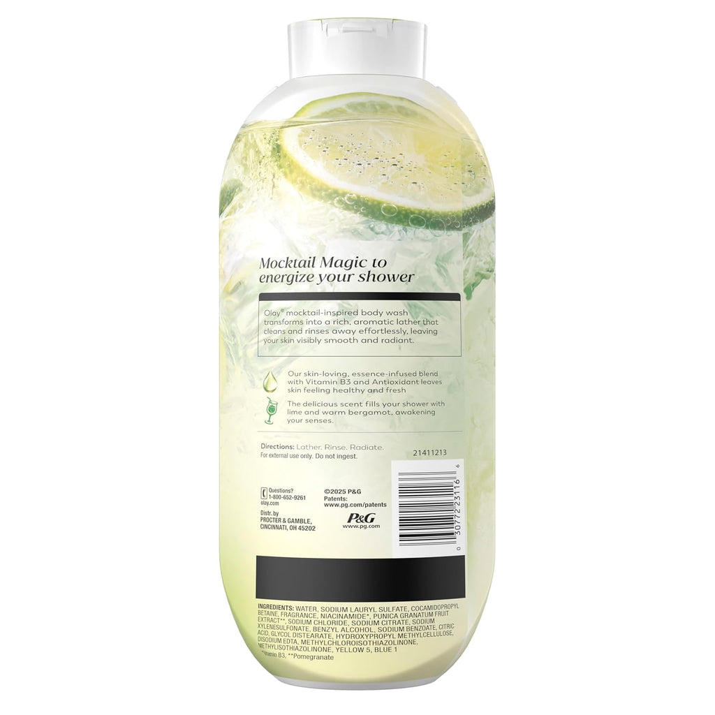 A bottle of body wash shown from the back, featuring a clear plastic bottle with a white cap and a label that depicts a green lime slice illustration over a pale yellow liquid. The text on the label reads 'Mocktail Magic to energize your shower'.
