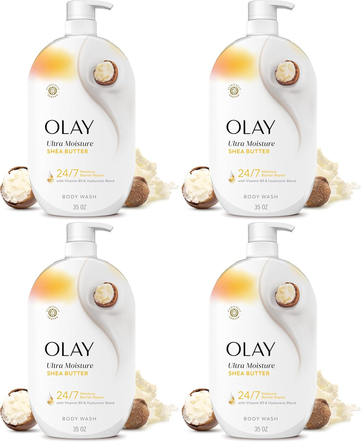 Four bottles of Olay Lira Moisture Shea Butter body wash arranged in a 2x2 grid on a white background, with small shea nut illustrations around each bottle.