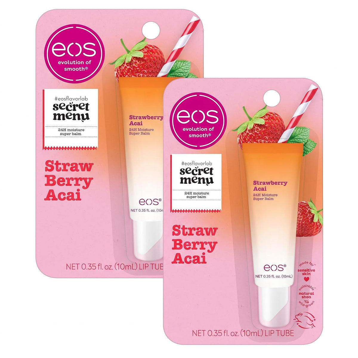 Two EOS Evolution of Smooths Secret Menu Strawberry Acai lip balm tubes in pink retail packaging, shown on a white background.
