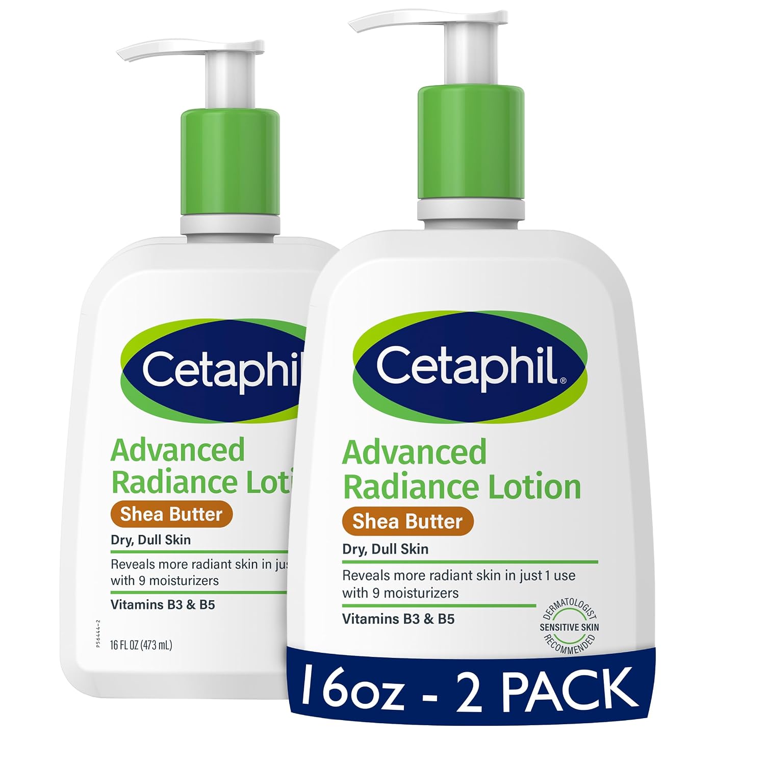 Two bottles of Cetaphil Advanced Radiance Lotion Shea Butter in a 16oz-2 pack, featuring white bottles with green pump dispensers and blue brand logos on a white background.