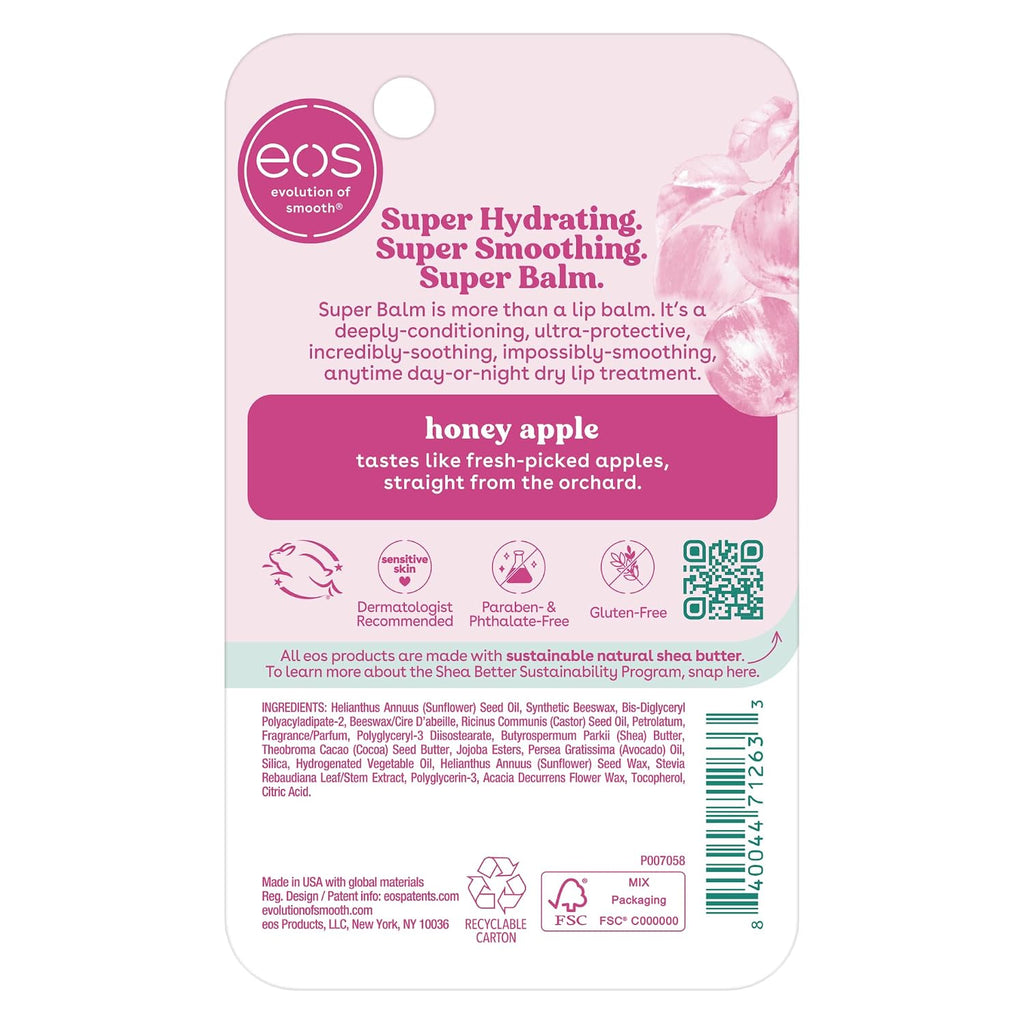 The back of an EOS Super Hydrating Super Smoothing Super Balm honey apple tube packaging, featuring product details, ingredients, and a barcode on a white background.