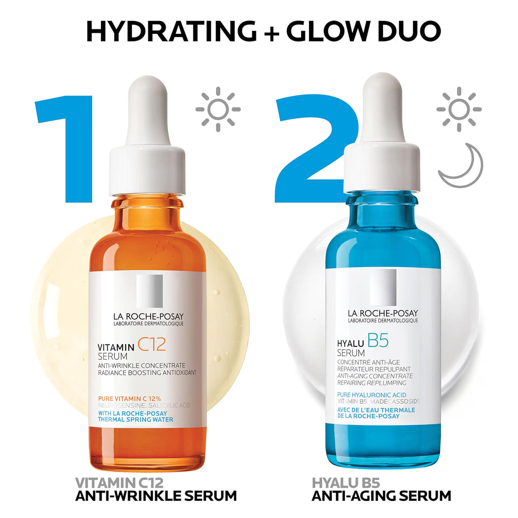 Two La Roche-Posay skincare serums, Vitamin C12 and Hyalu B5, on a white background.