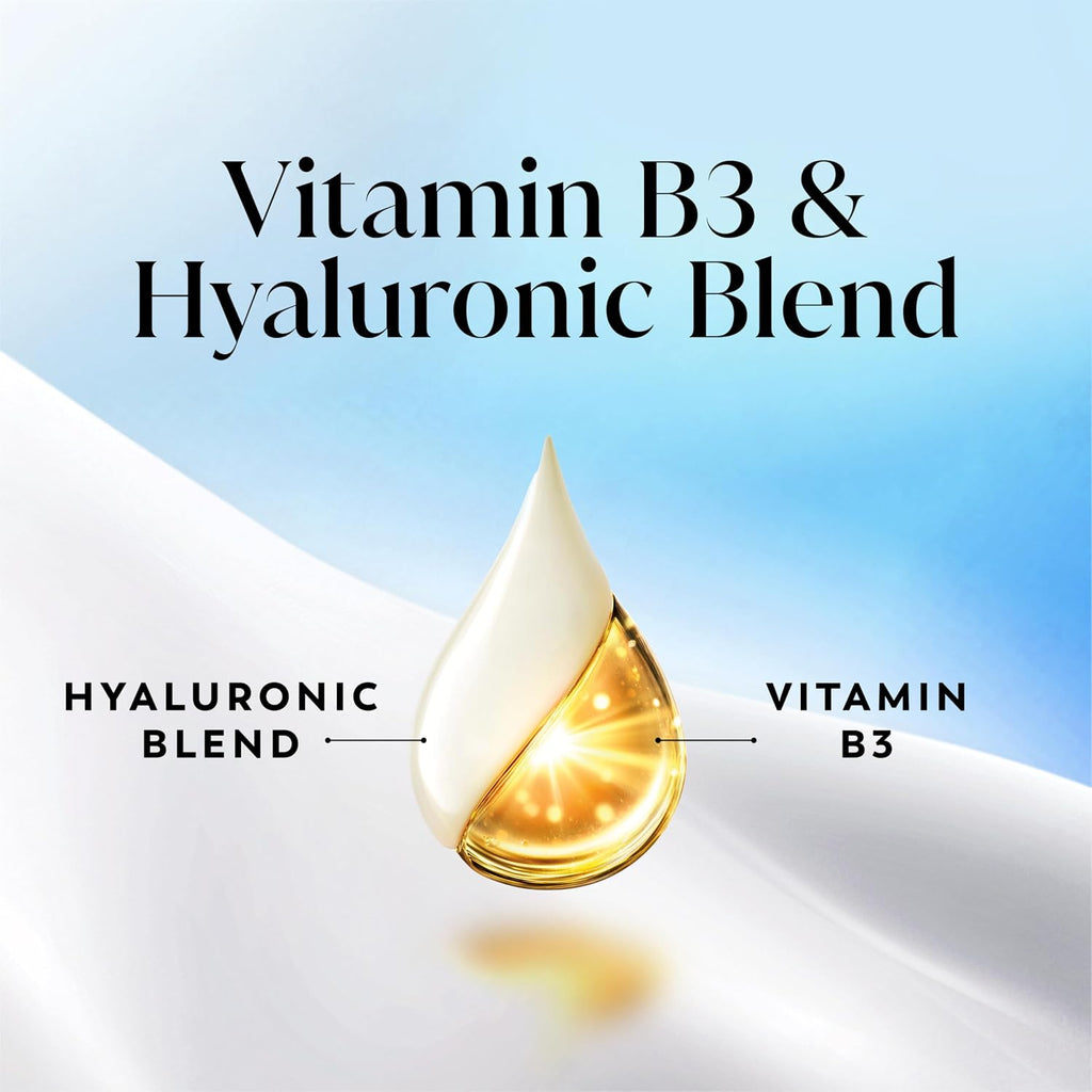 Two droplets of cream, one labeled 'Hyaluronic Blend' and the other 'Vitamin B3', on a light blue and white background.