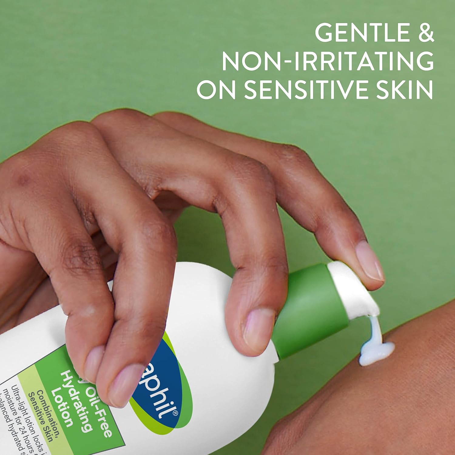 Hand applying lotion to arm with text 'Gentle & Non-Irritating on Sensitive Skin' on a green background