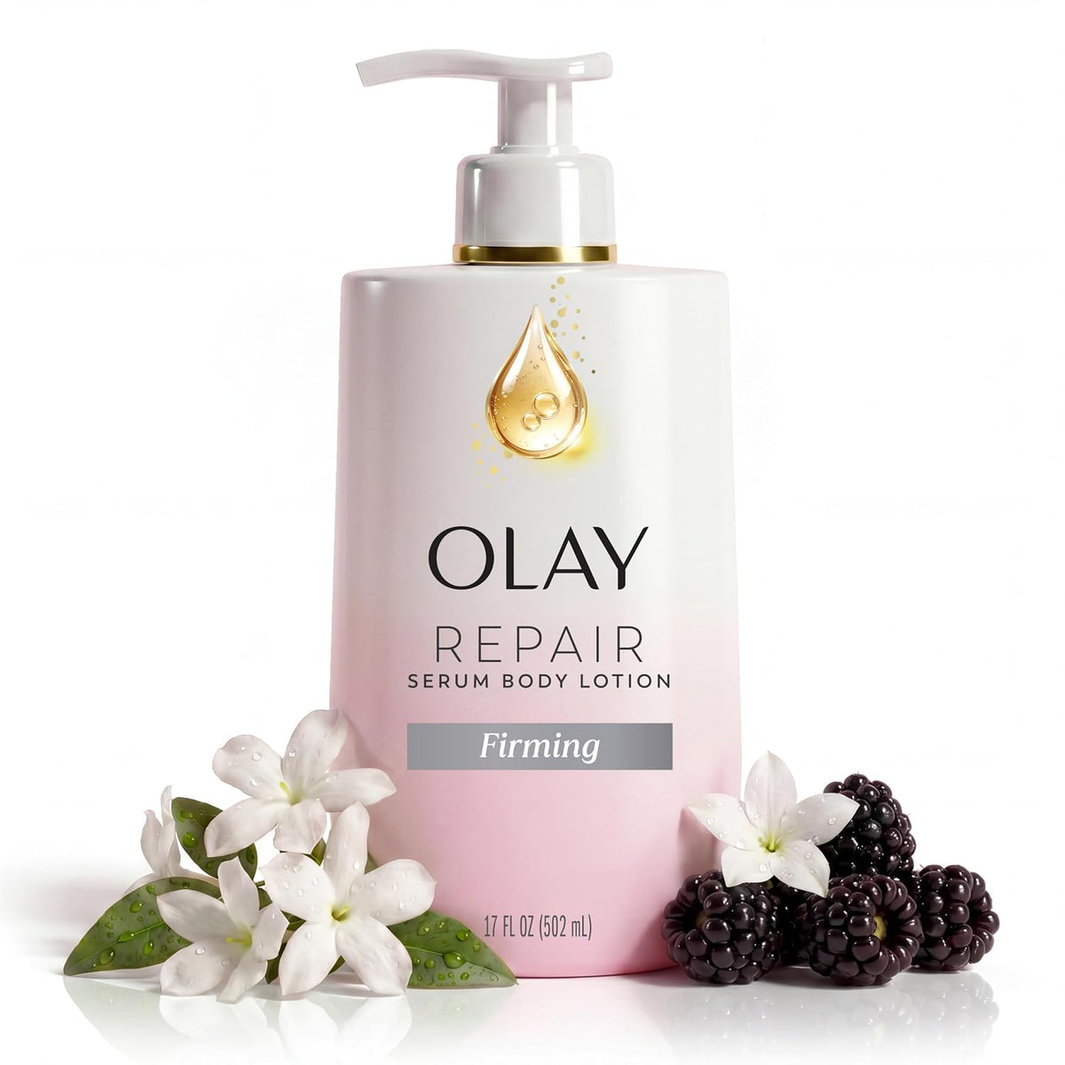 Olay Repair Serum Body Lotion in a white and pink pump bottle with a gold droplet logo, styled with white flowers, green leaves, and blackberries on a white background.