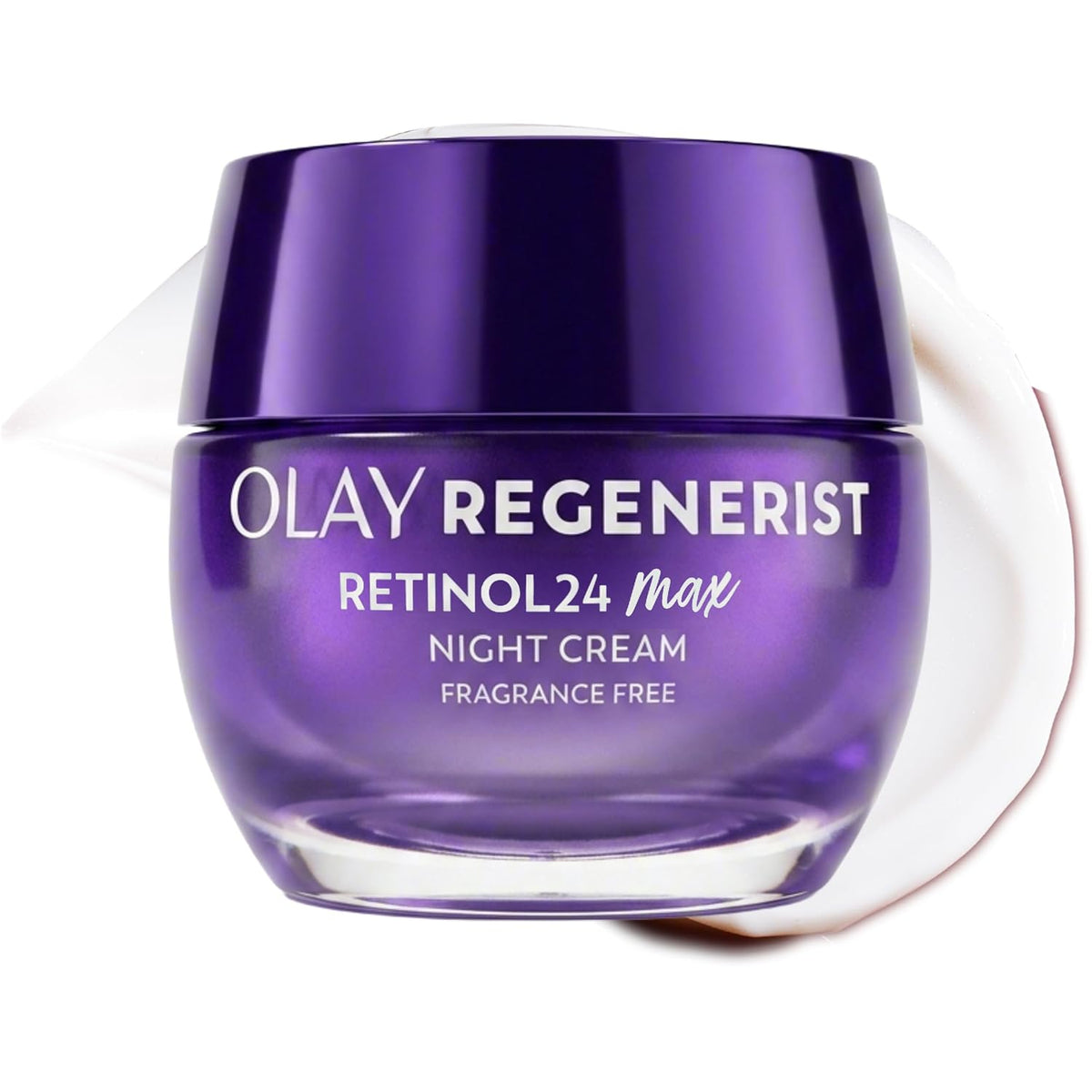 Olay Regenerist Retinol24 Max Night Cream in a metallic purple jar with a clear glass base, shown on a white background with a white cream smear behind it.