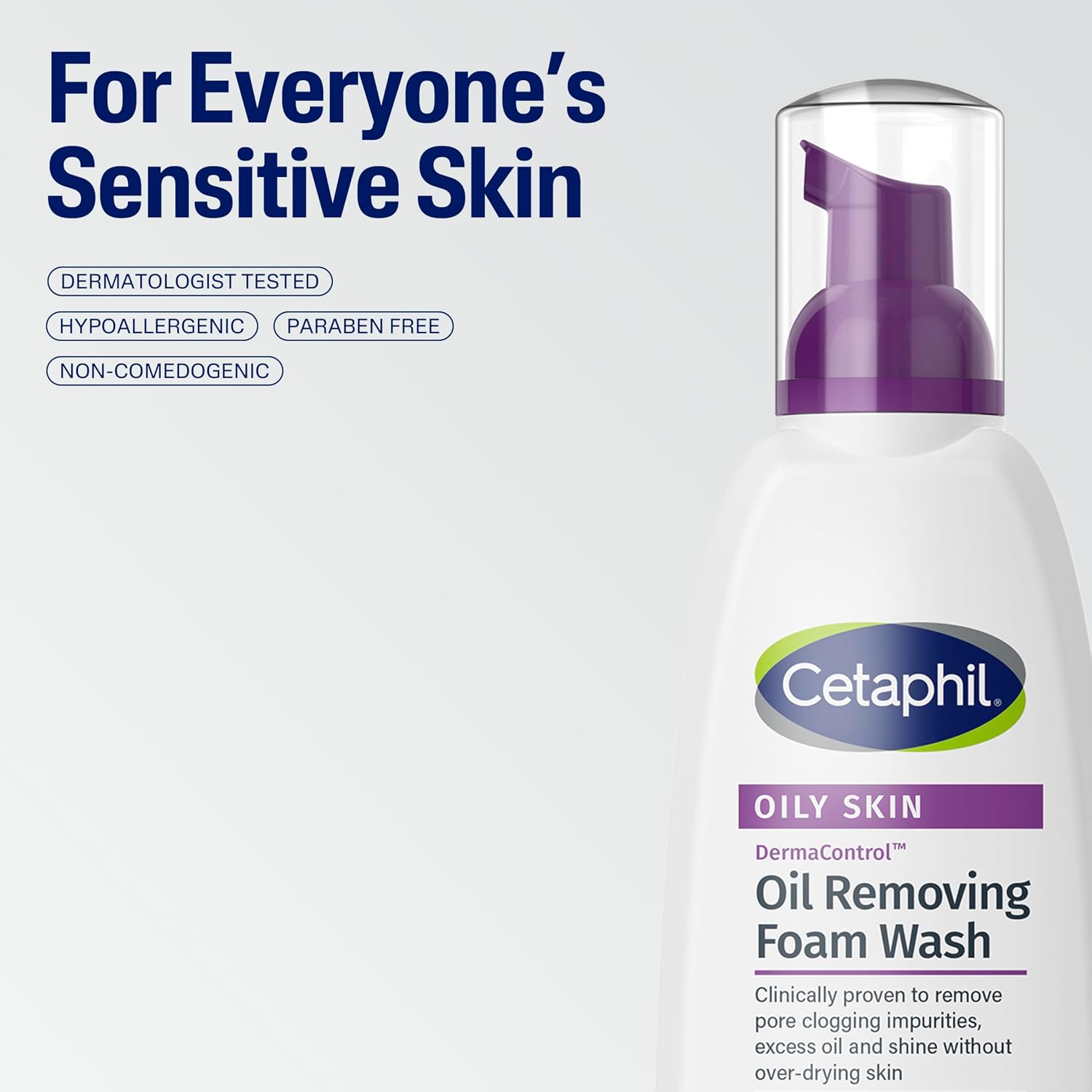 Cetaphil oil removing foam wash bottle with text on a white background