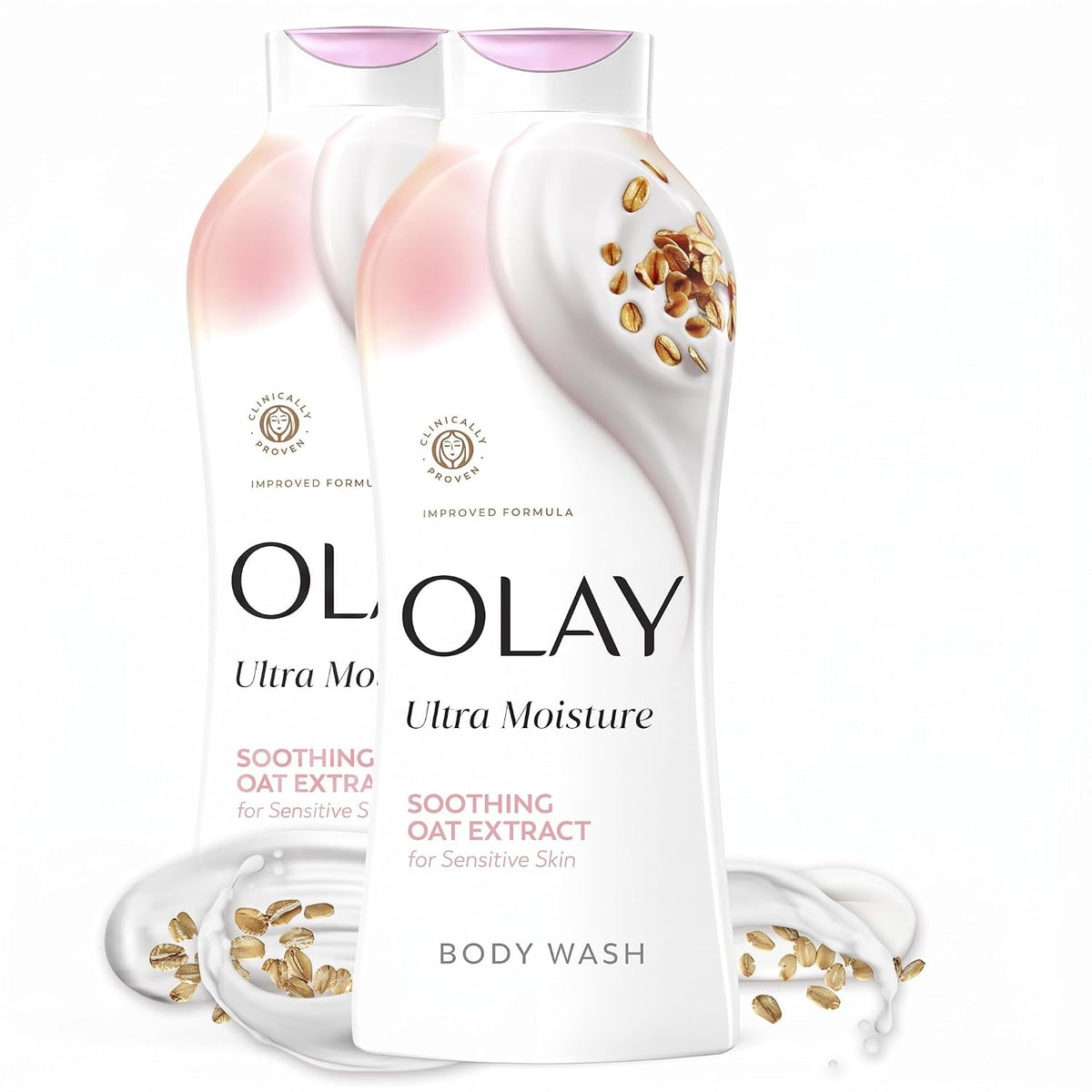 Two bottles of Olay Ultra Moisture Soothing Body Wash with oat extract, shown on a clean white background with oat graphics.