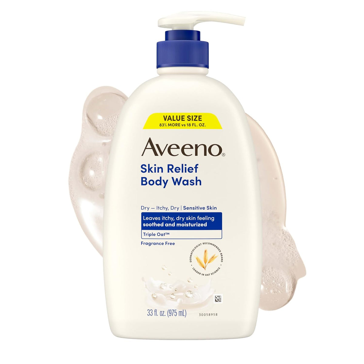 Aveeno Skin Relief Body Wash bottle with pump on a white background