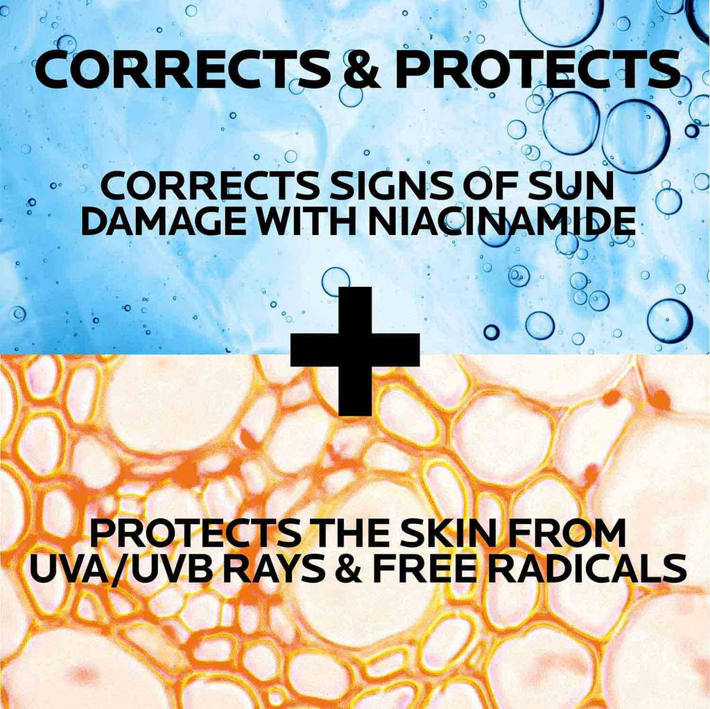 Product advertisement with text about correcting sun damage and protecting skin from UVA/UVB rays.
