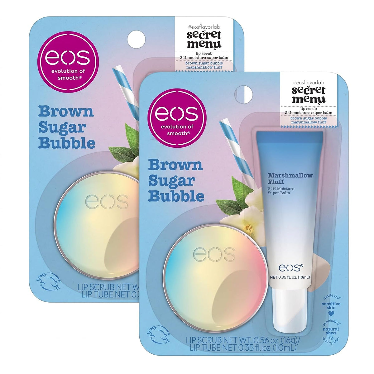 Two EOS lip scrub tubes in their retail packaging, featuring the EOS Brown Sugar Bubble and EOS Marshmallow Frost variants on a clean white background.