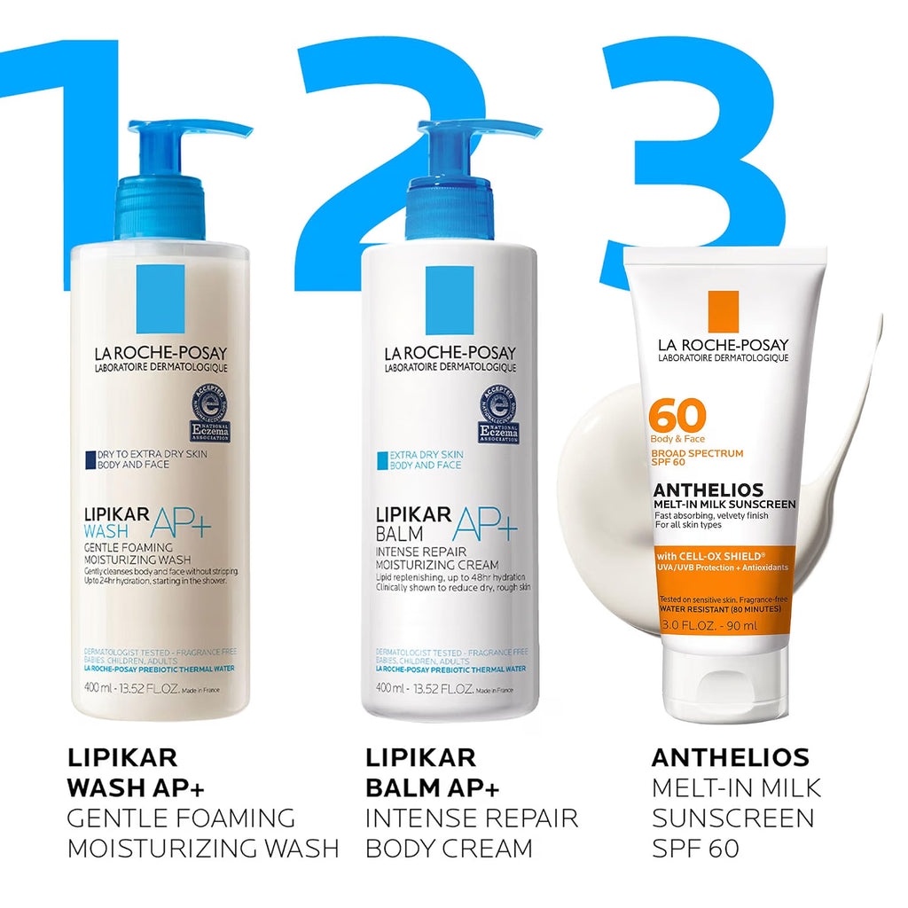 Three La Roche-Posay skincare products with labels and descriptions on a white background.