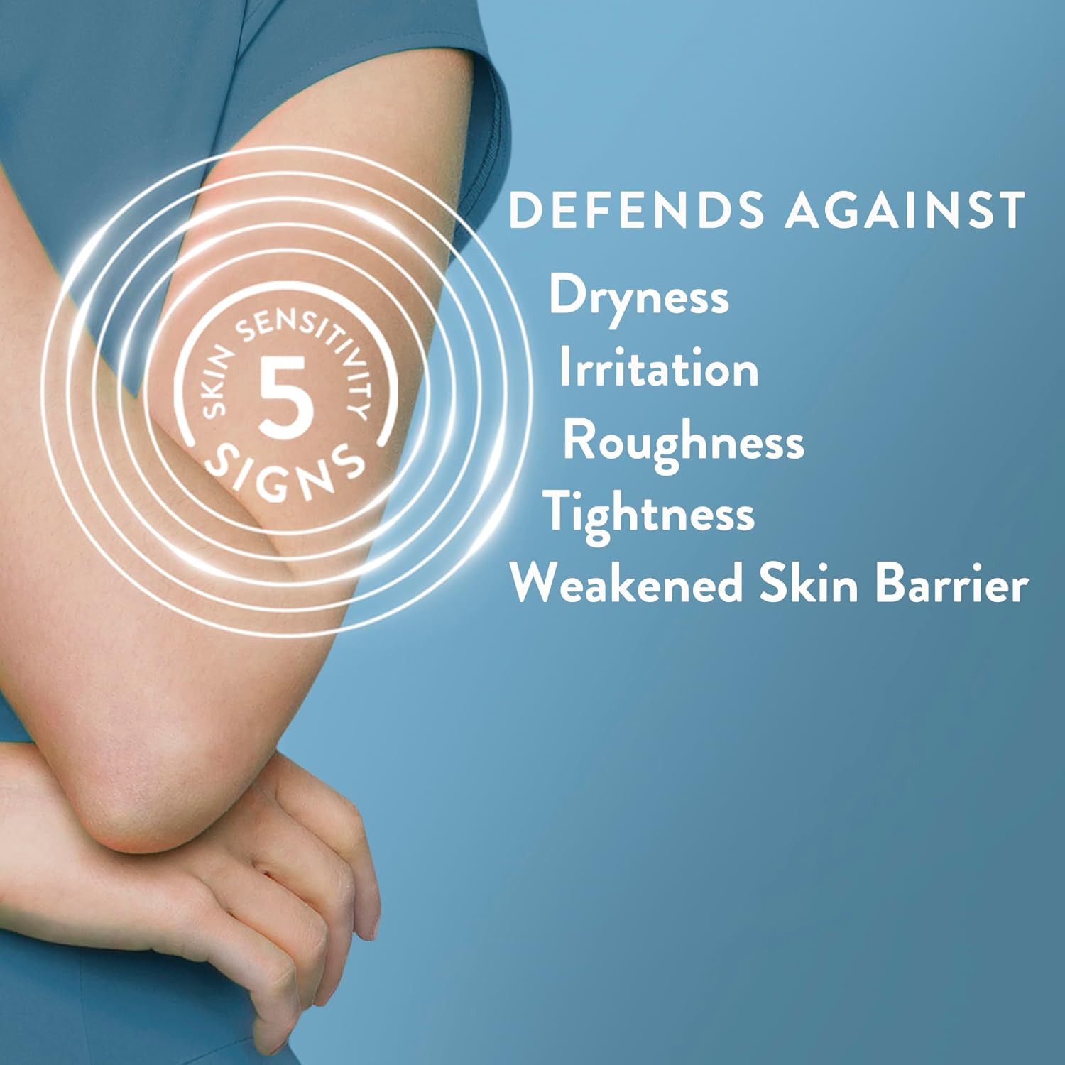 Arm with visible skin condition on a blue background with text about skin care benefits.