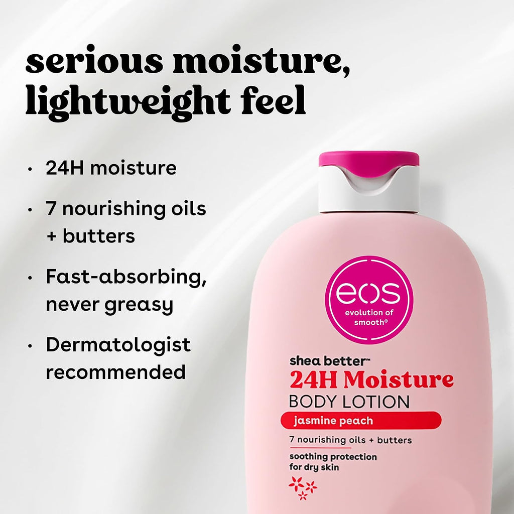 Pink bottle of eos shea butter 24H Moisture Body Lotion with text highlighting features on a white background
