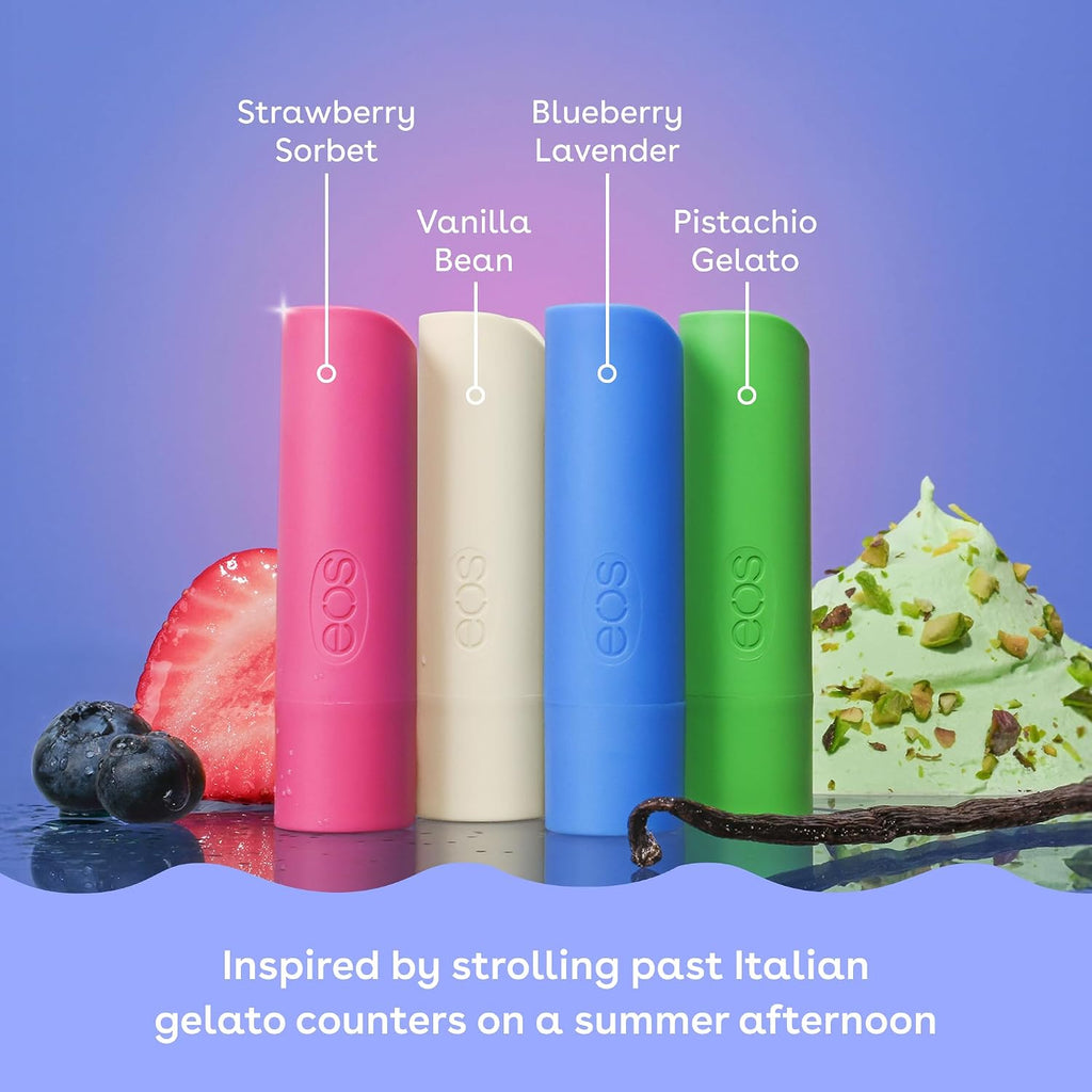 Four EOS lip balm tubes in pink, white, blue, and green with flavors labeled on a blue background.