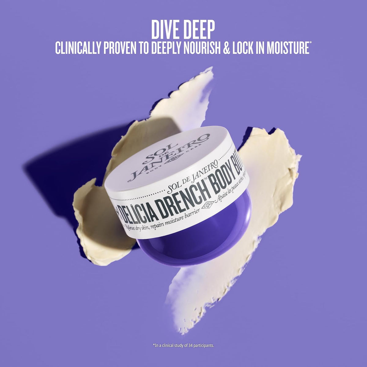 Body butter container with 'Dive Deep' text on a purple background