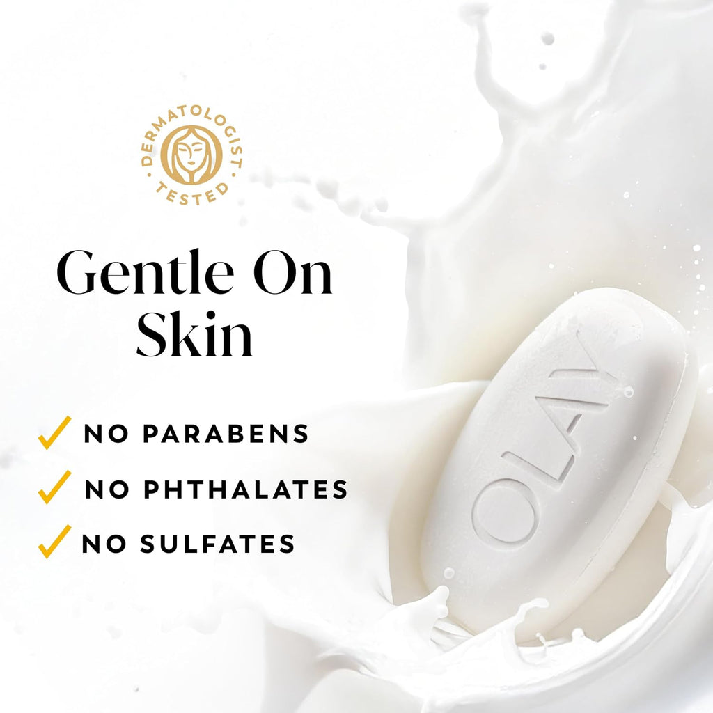 OLAY soap bar with 'Gentle On Skin' text and ingredient claims on a white background