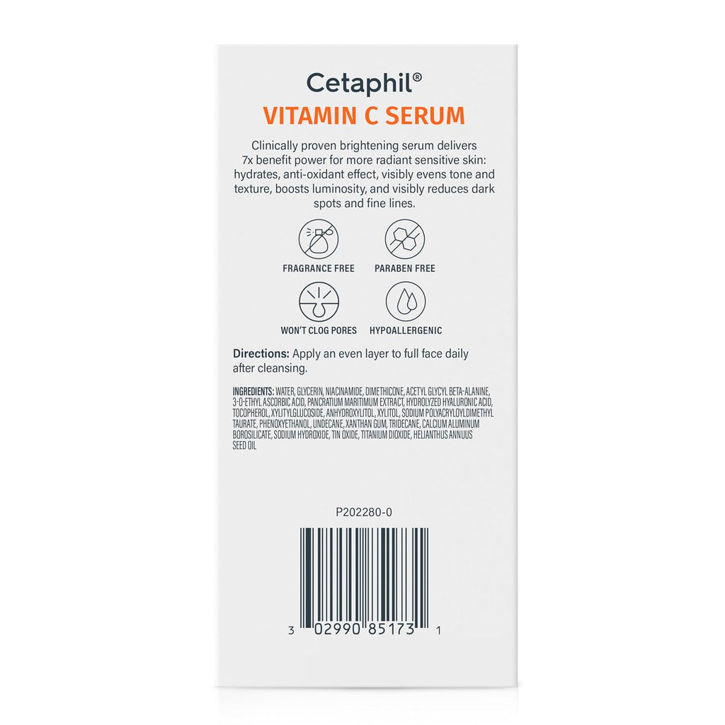 The back of a Cetaphil Vitamin C Serum box, showing product details, ingredients, directions, icons for fragrance and paraben free qualities, and a barcode on a white background.