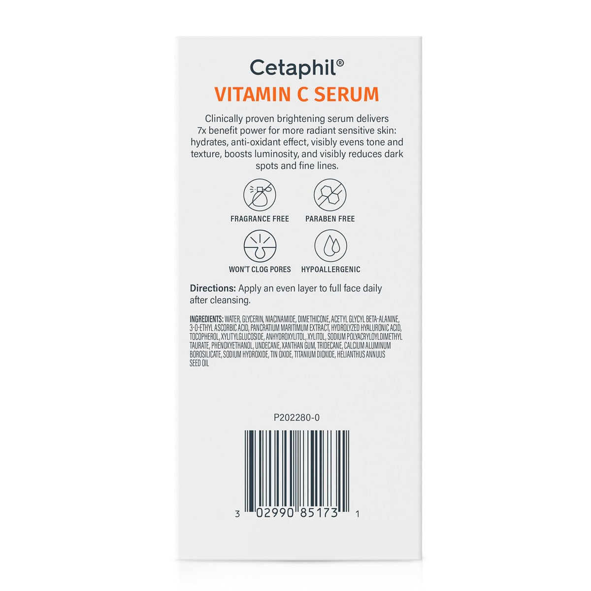 The back of a Cetaphil Vitamin C Serum box, showing product details, ingredients, directions, icons for fragrance and paraben free qualities, and a barcode on a white background.