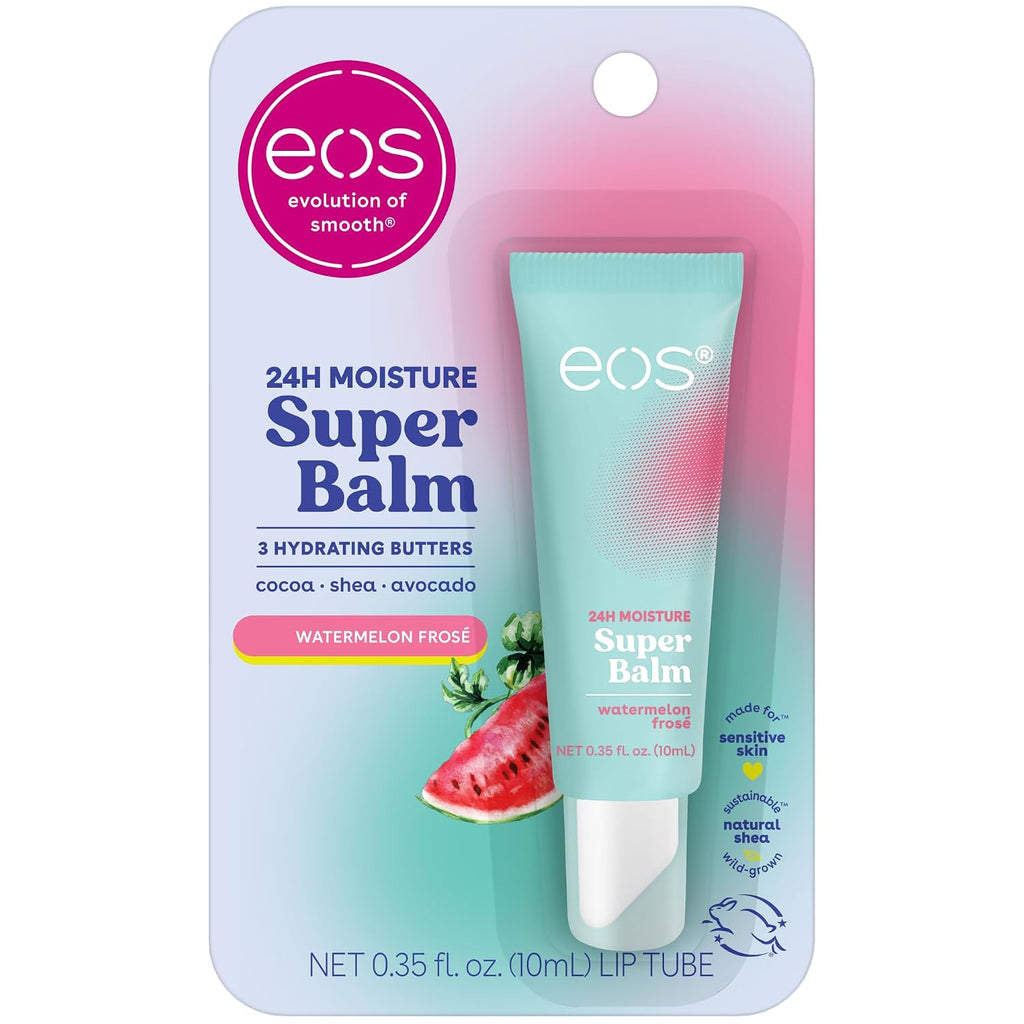 EOS Super Balm Watermelon Frosé lip balm in a 10ml tube, presented in its original blister card packaging. The packaging features a pastel gradient of purple, pink, and light blue-green, with illustrations of watermelon slices and text highlighting key benefits like 24H moisture and 3 hydrating butters.