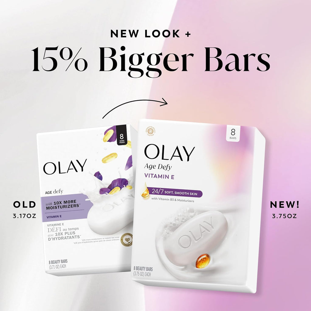 Front-facing Olay Age Defy Vitamin E skincare box showing 6 beauty bars, with a white bar of soap, a gold droplet icon, and a small amber oil drop on a clean white background.