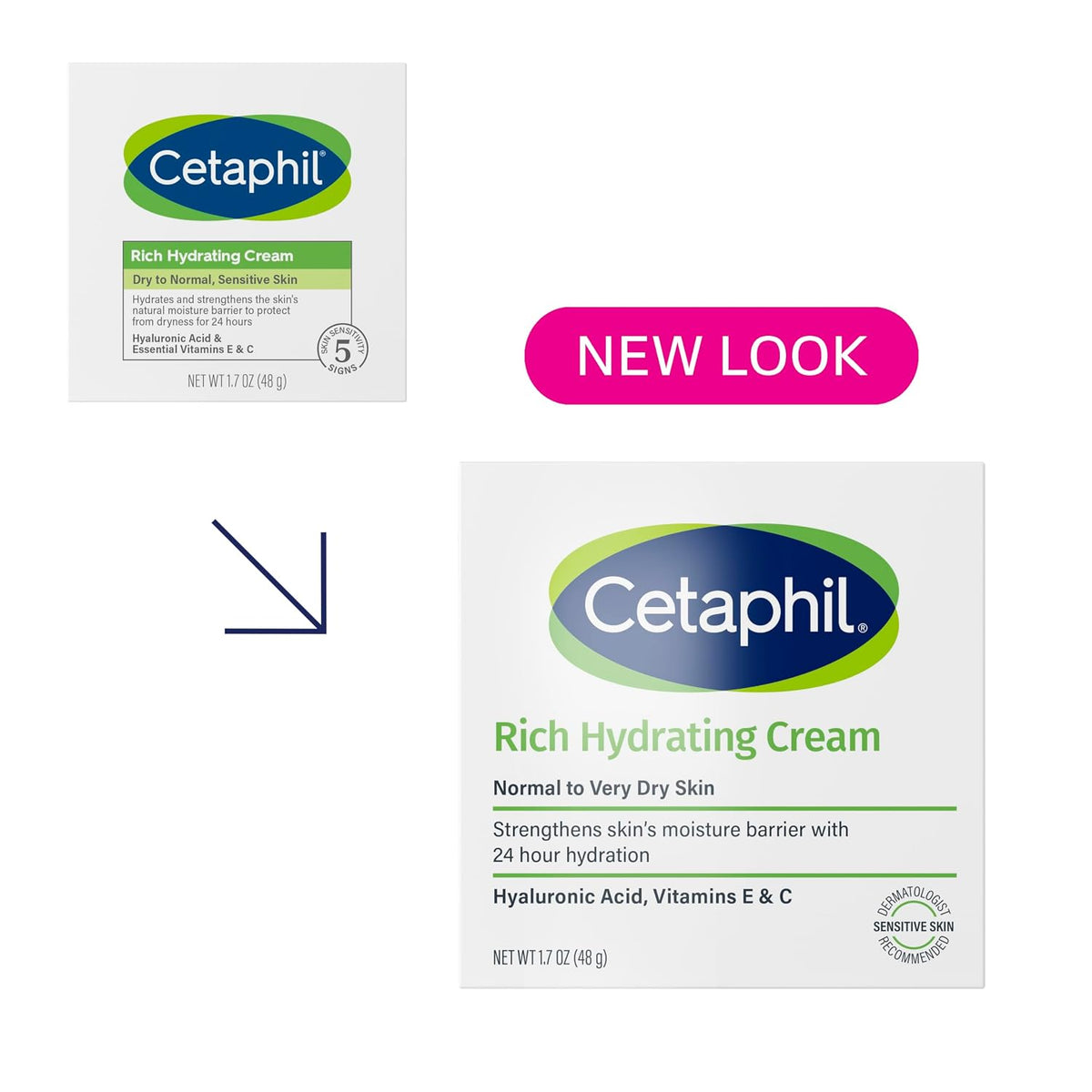 Cetaphil Rich Hydrating Cream packaging with a 'New Look' label on a white background