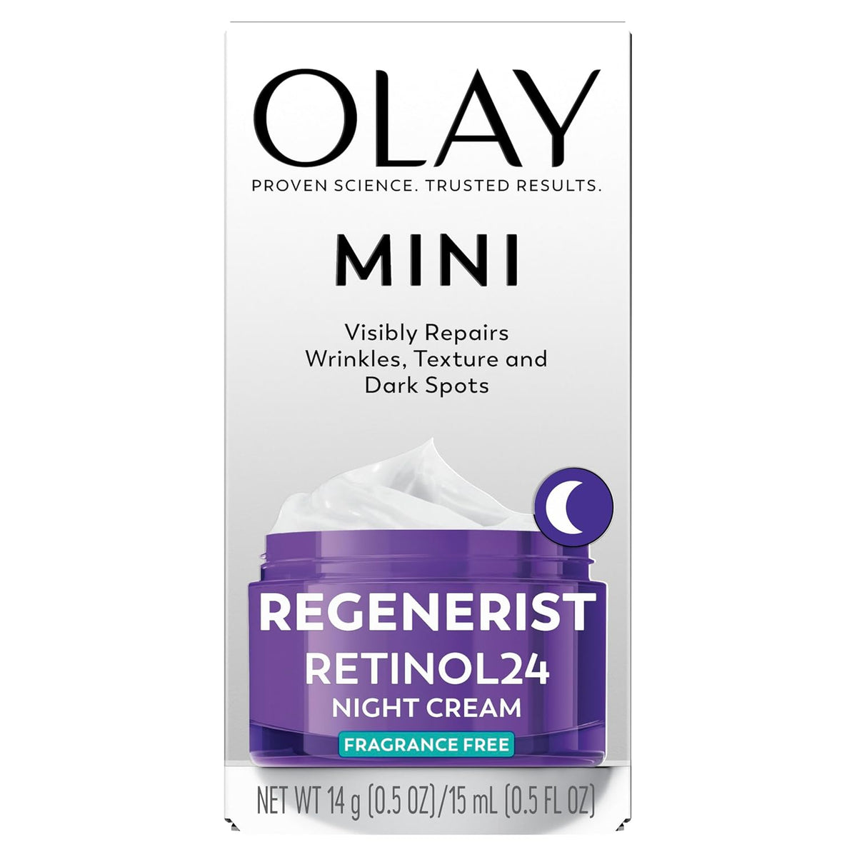 Olay Mini Regenerist Retinol24 Night Cream packaging box, featuring a white background with a purple jar illustration and white cream swirl on the front.