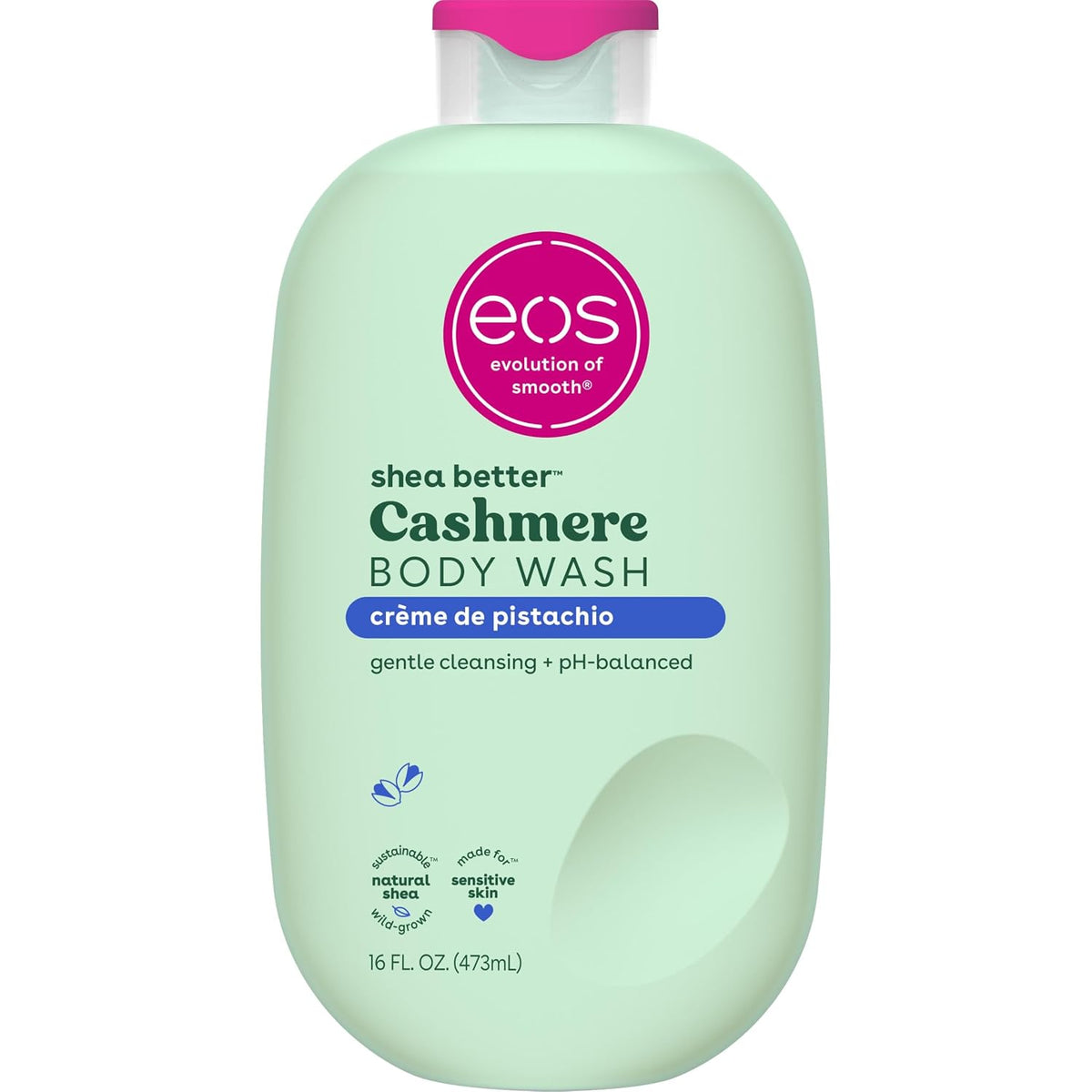 Green bottle of eos Cashmere Body Wash on a white background
