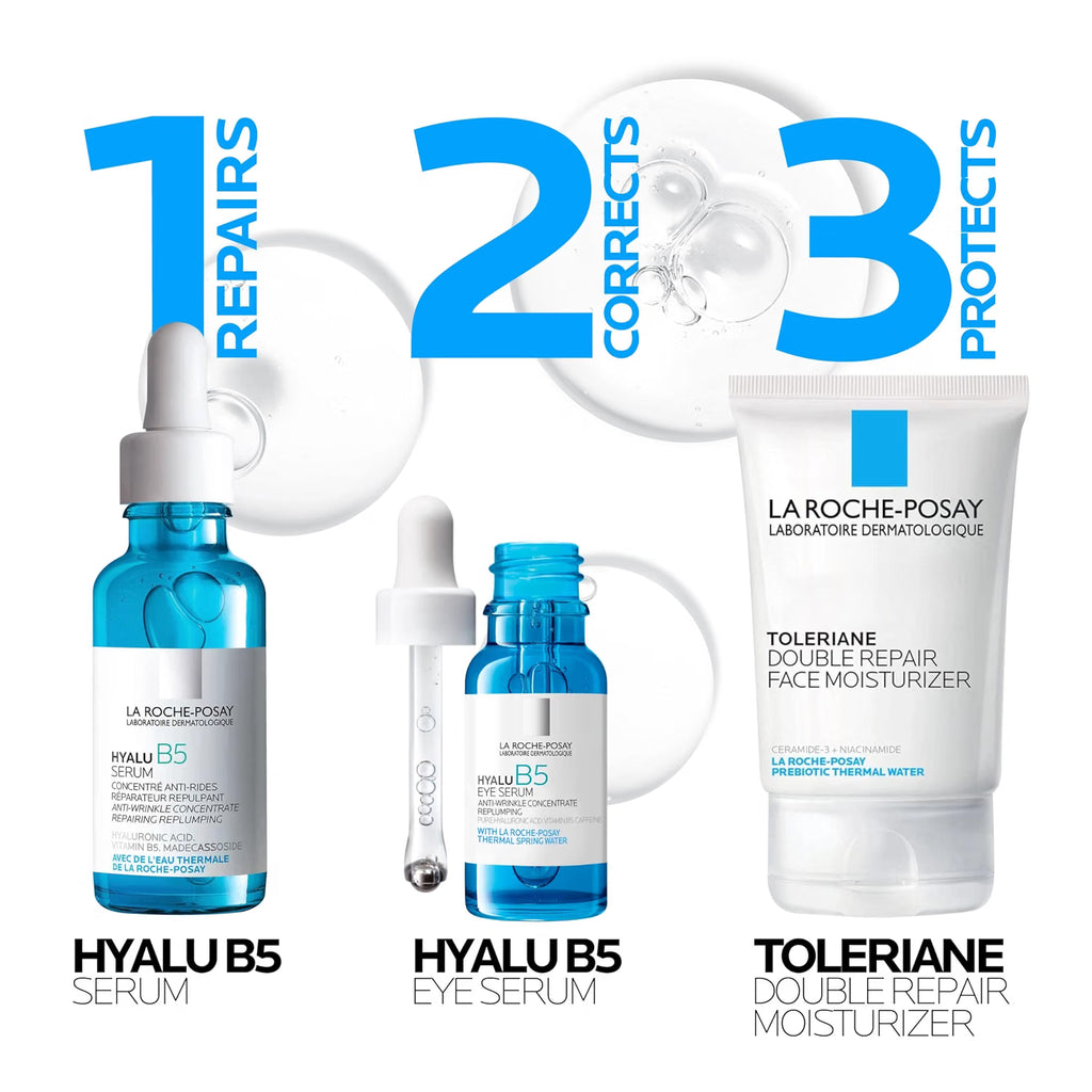 La Roche-Posay skincare products with repair, correct, and protect functions on a white background.