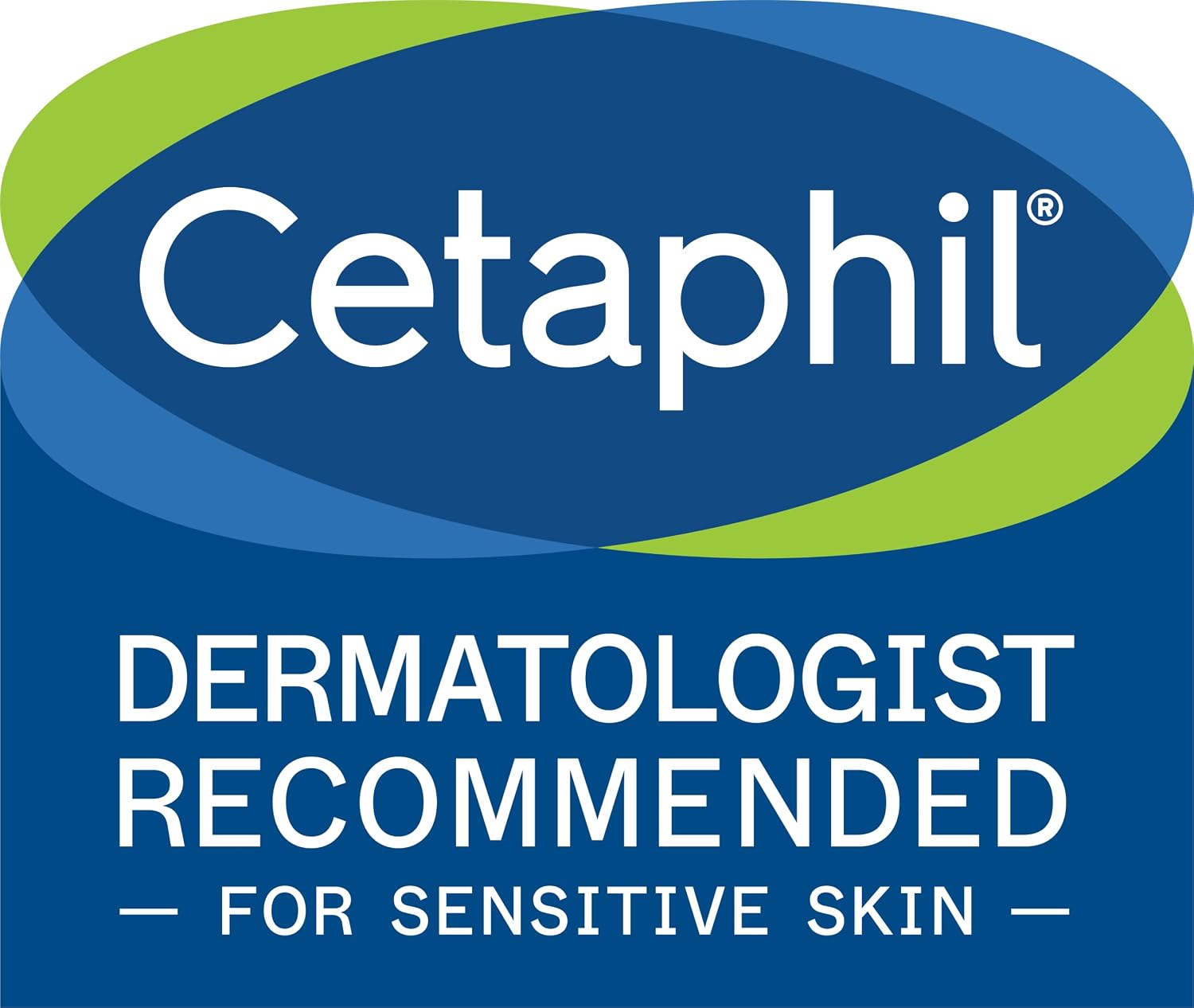 Cetaphil logo with 'Dermatologist Recommended for Sensitive Skin' text on a blue background