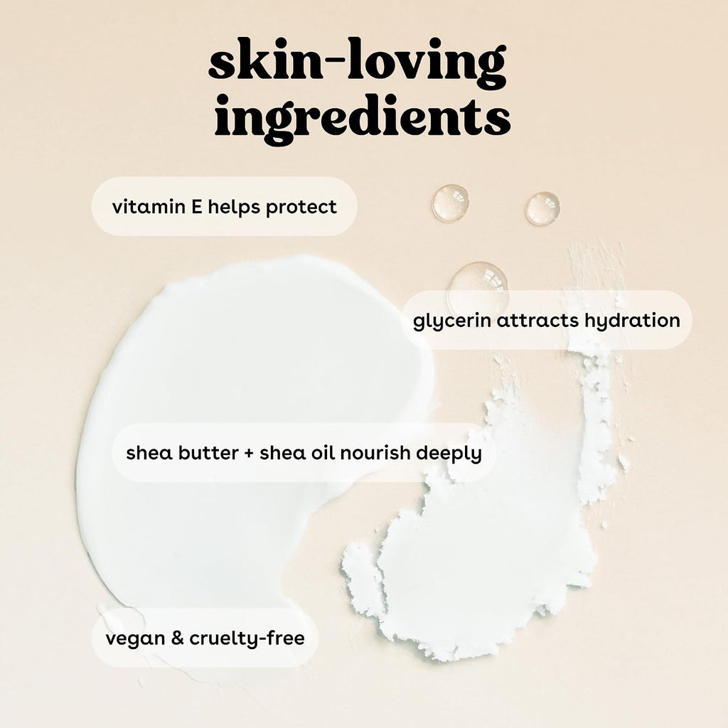 Text overlay on a beige background with skin-care product ingredients and benefits.