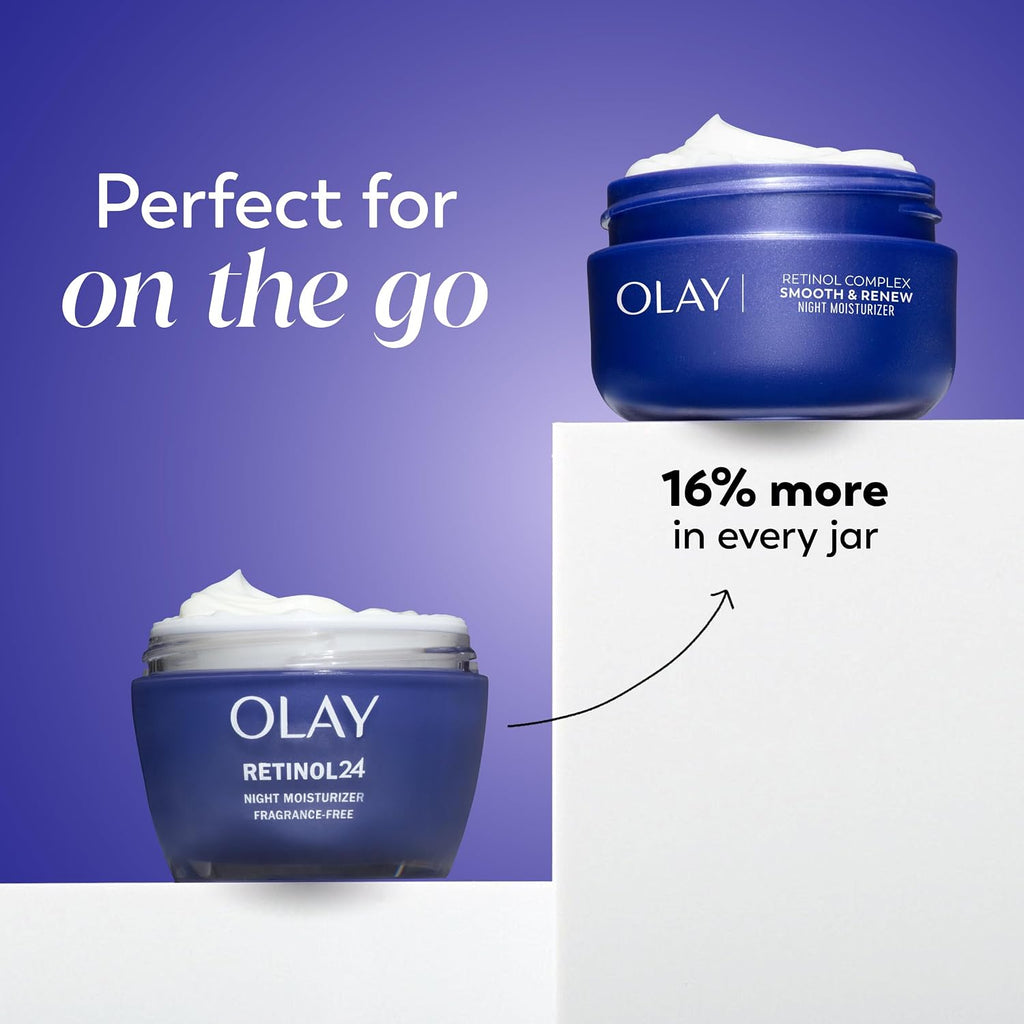 Two Olay jars with cream on a purple background, highlighting product size.