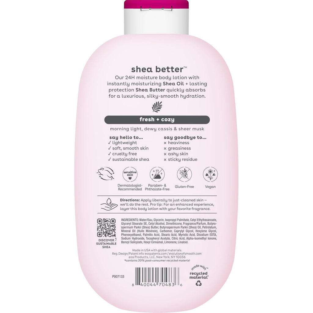 Back view of a large, light pink bottle of Shea Better Shea Butter body lotion with a dark pink cap, featuring product details, ingredients, and icons on a white background.
