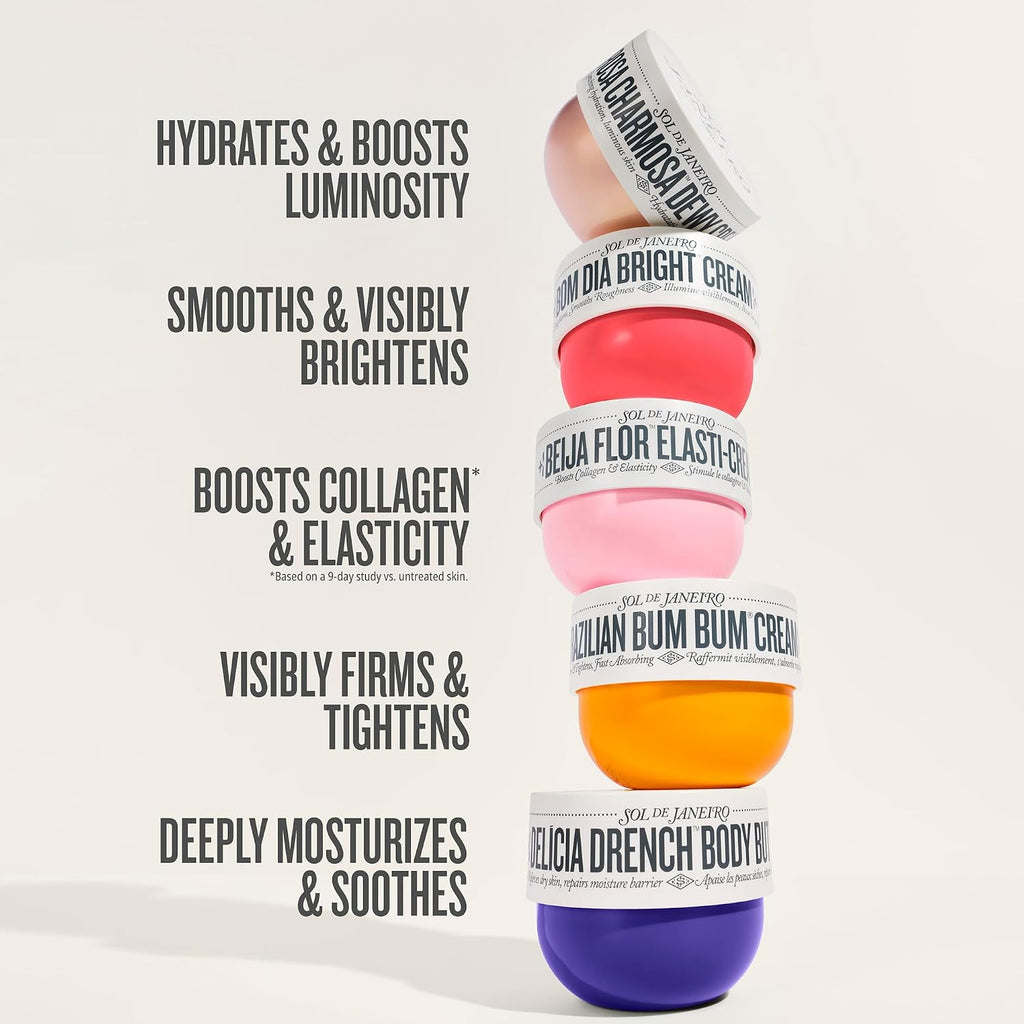 Stack of colorful skincare products with text describing their benefits on a white background