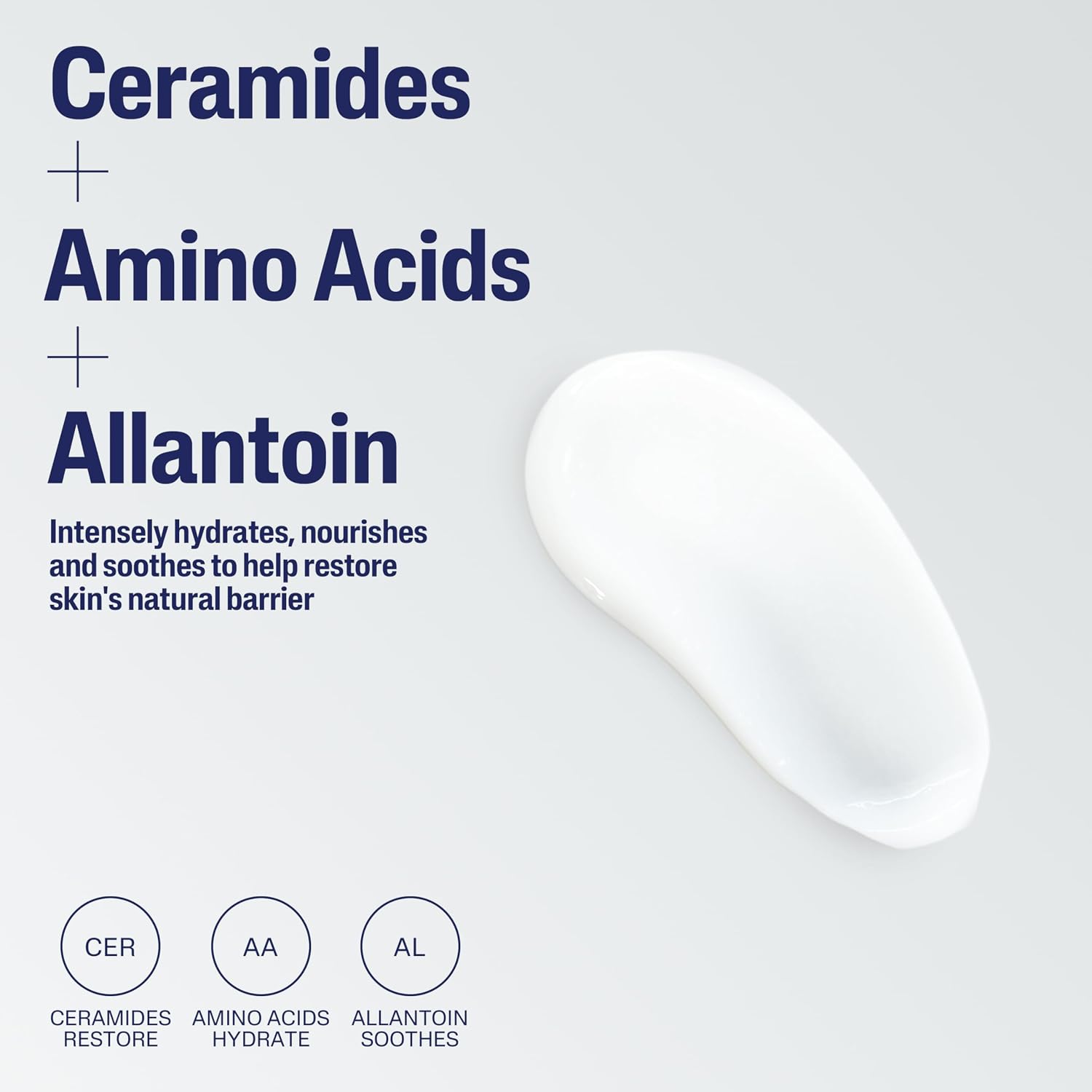 Product packaging with Ceramides, Amino Acids, and Allantoin text on a light gray background