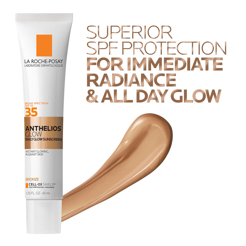 La Roche-Posay Anthelios Glow Sunscreen SPF 35 tube in Bronze shade, shown next to a large smear of the beige-colored sunscreen cream and promotional text on a white background.