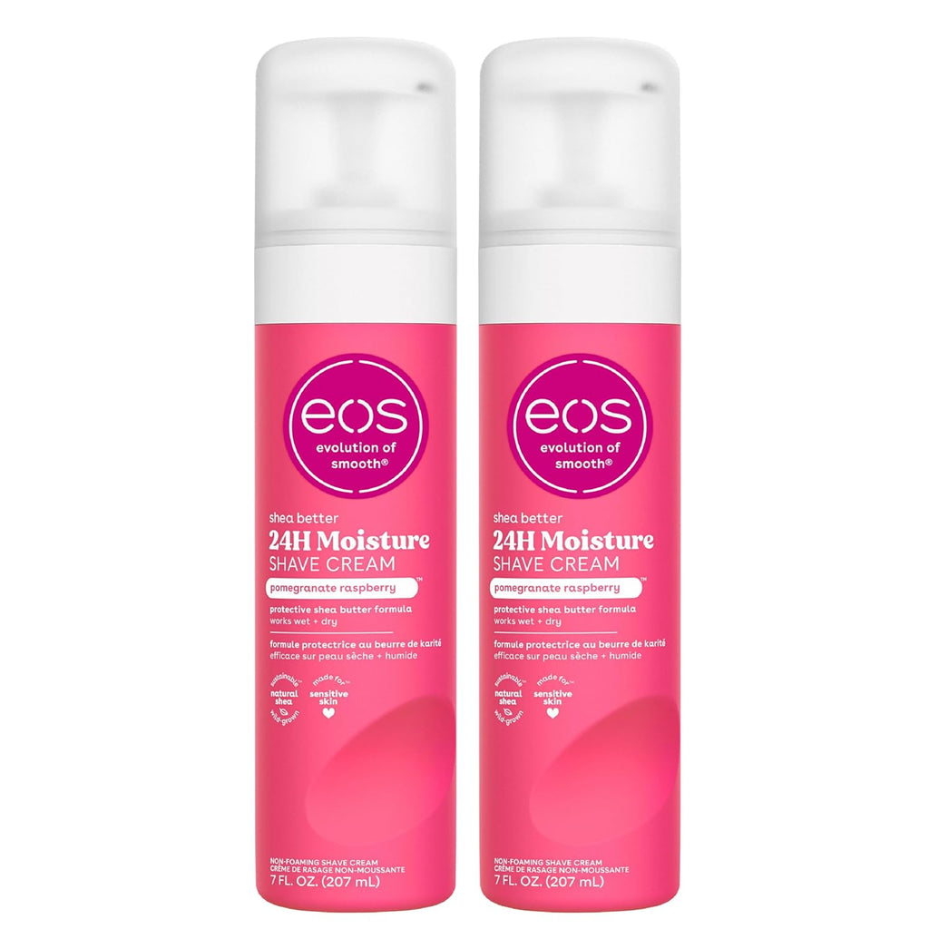 Two bottles of EOS 24H Moisture Shave Cream in pomegranate raspberry scent, shown side-by-side on a plain white background.