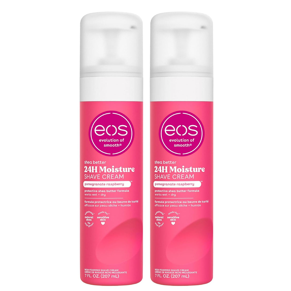 Two bottles of EOS 24H Moisture Shave Cream in pomegranate raspberry scent, shown side-by-side on a plain white background.