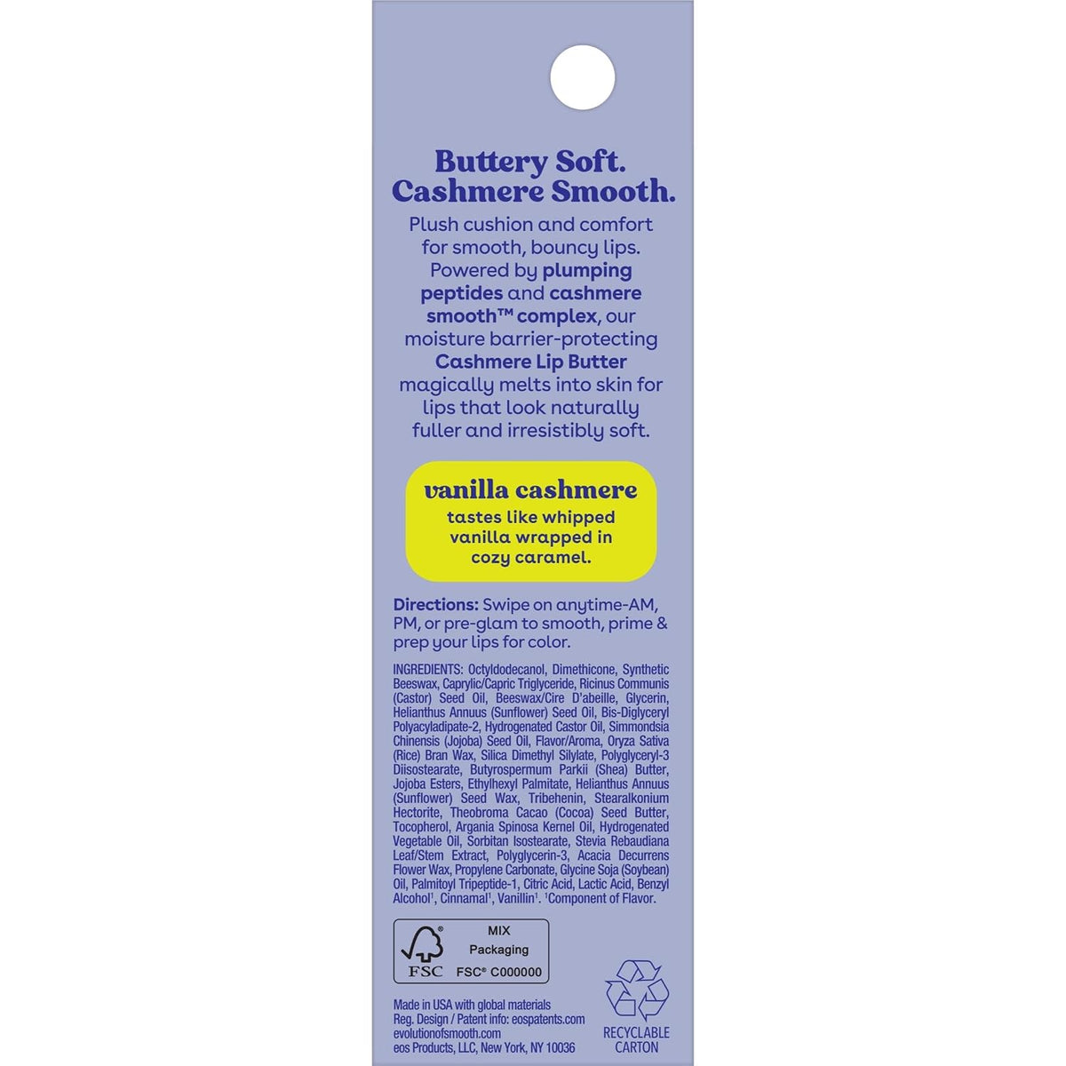 A vertical product packaging card for Butterly Soft. Cashmere Smooth.