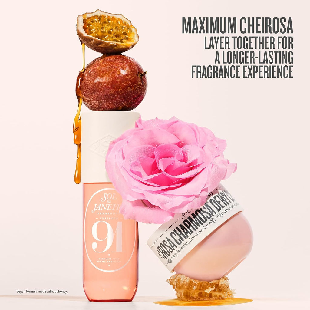 Two cosmetic bottles with a pink flower and passion fruit on a white background