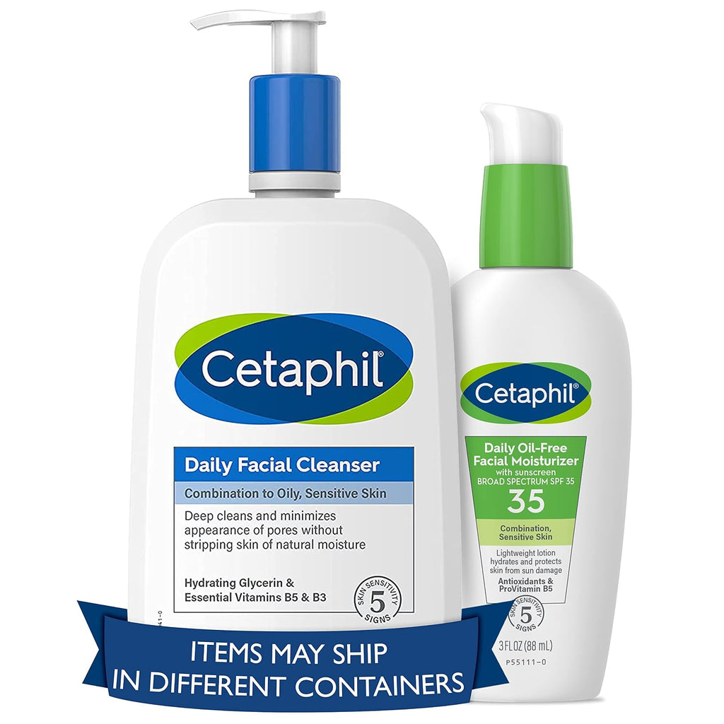 Two Cetaphil skincare bottles on a white background: a large Daily Facial Cleanser bottle with a blue pump and a smaller Daily Oil-Free Facial Moisturizer bottle with a green pump. A blue banner at the bottom reads 'ITEMS MAY SHIP IN DIFFERENT CONTAINERS.