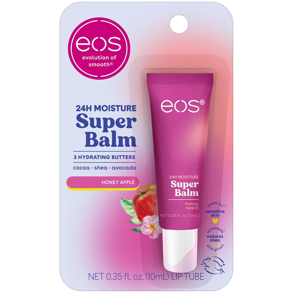 A tube of EOS Super Balm lip balm in Honey Apple scent, mounted on its original retail blister card packaging. The packaging features a pink and white design with illustrations of an apple and a flower.